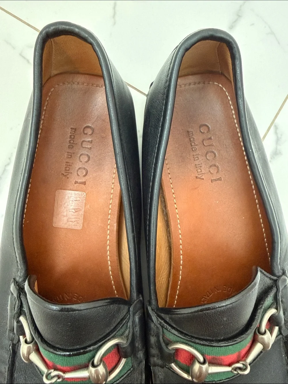 Gucci Black Leather Loafers with Red & Green Web and Silver Horsebit